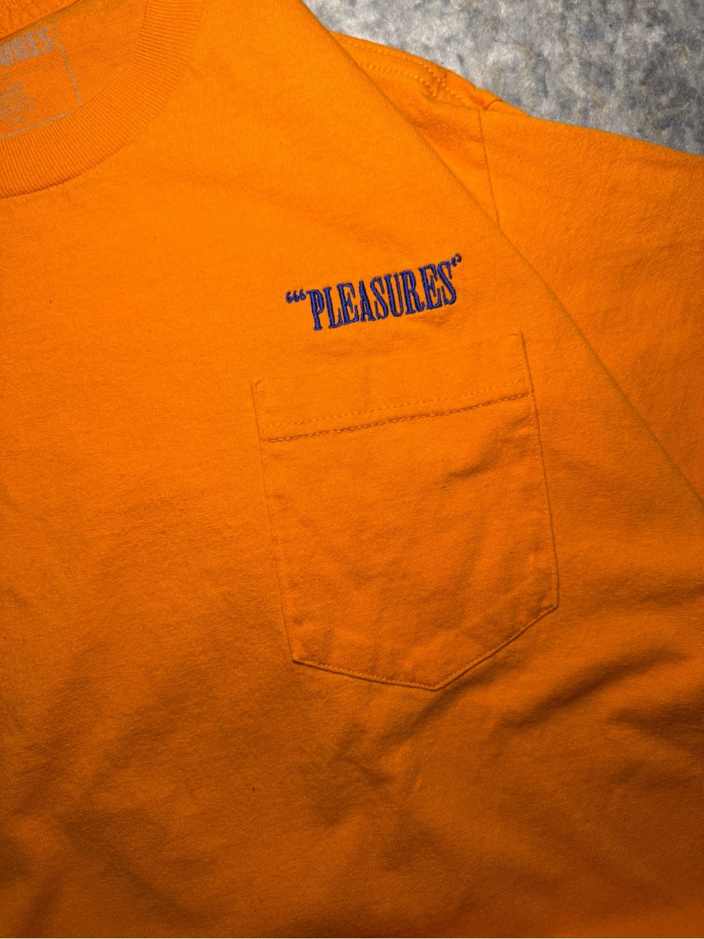PLEASURES Orange Embroidered Logo Pocket T-Shirt – Size L